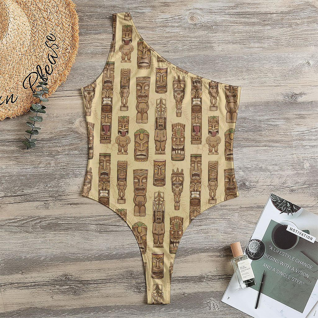 Wooden Tiki Pattern Print One Shoulder Bodysuit