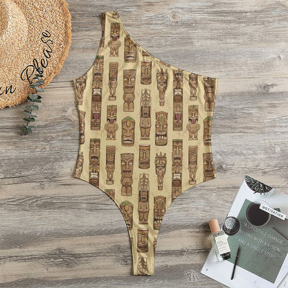 Wooden Tiki Pattern Print One Shoulder Bodysuit
