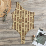 Wooden Tiki Pattern Print One Shoulder Bodysuit