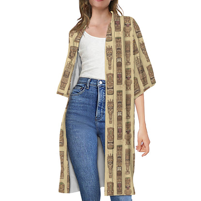 Wooden Tiki Pattern Print Open Front Beach Cover Up