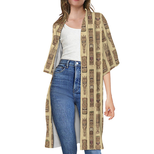 Wooden Tiki Pattern Print Open Front Beach Cover Up