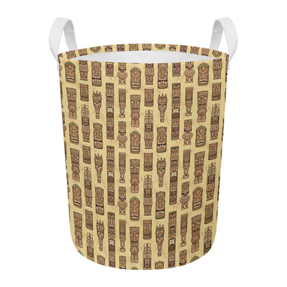 Wooden Tiki Pattern Print Round Laundry Basket