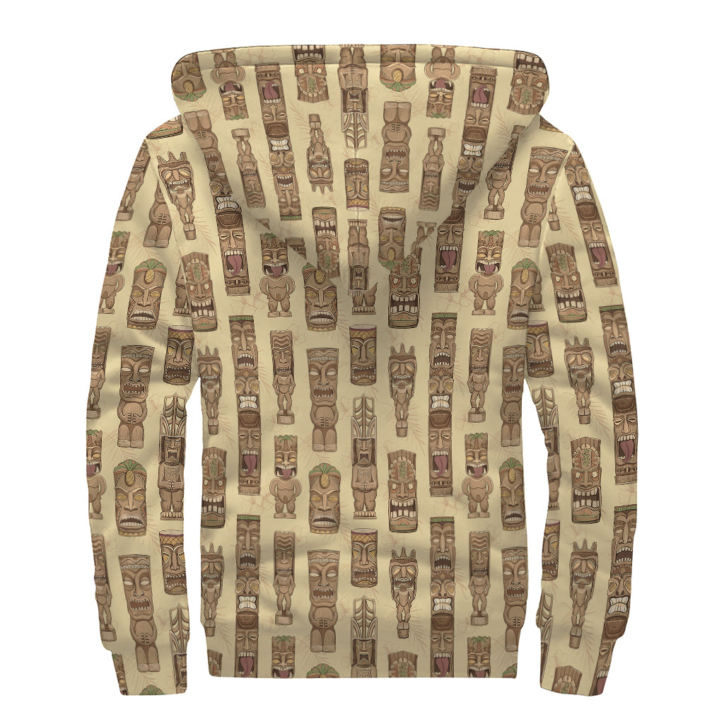 Wooden Tiki Pattern Print Sherpa Lined Zip Up Hoodie