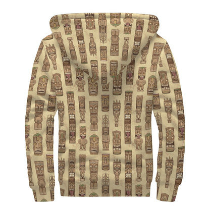 Wooden Tiki Pattern Print Sherpa Lined Zip Up Hoodie