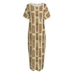 Wooden Tiki Pattern Print Short Sleeve Long Nightdress