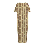 Wooden Tiki Pattern Print Short Sleeve Long Nightdress