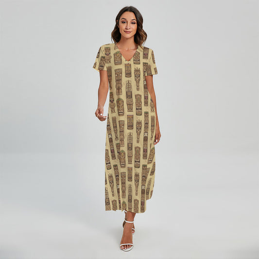 Wooden Tiki Pattern Print Short Sleeve Maxi Dress