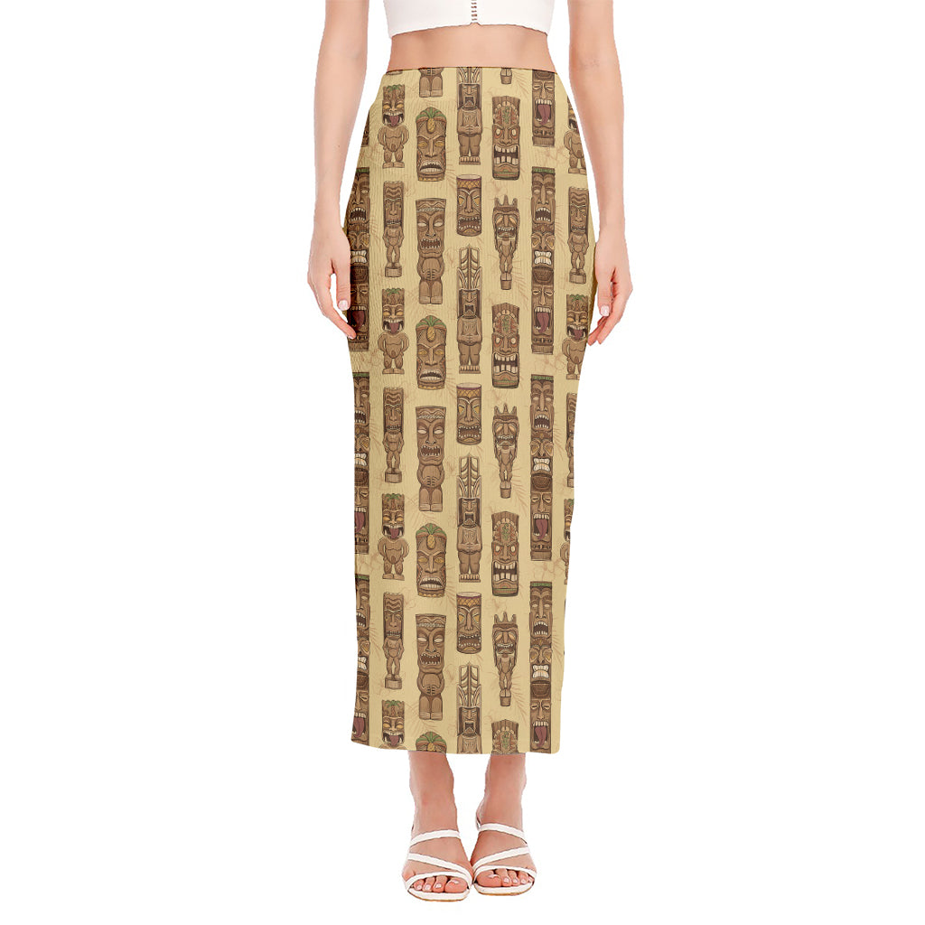 Wooden Tiki Pattern Print Side Slit Maxi Skirt