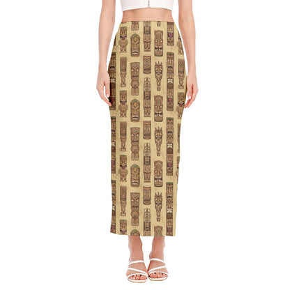 Wooden Tiki Pattern Print Side Slit Maxi Skirt