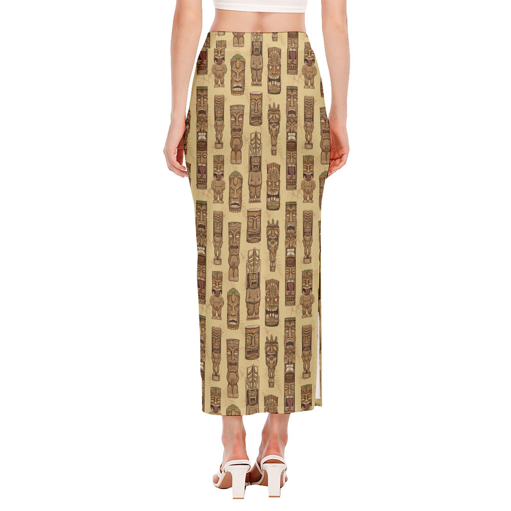 Wooden Tiki Pattern Print Side Slit Maxi Skirt