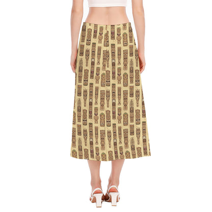 Wooden Tiki Pattern Print Side Slit Midi Skirt