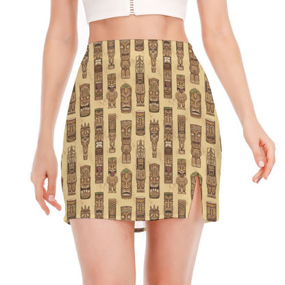 Wooden Tiki Pattern Print Side Slit Mini Skirt
