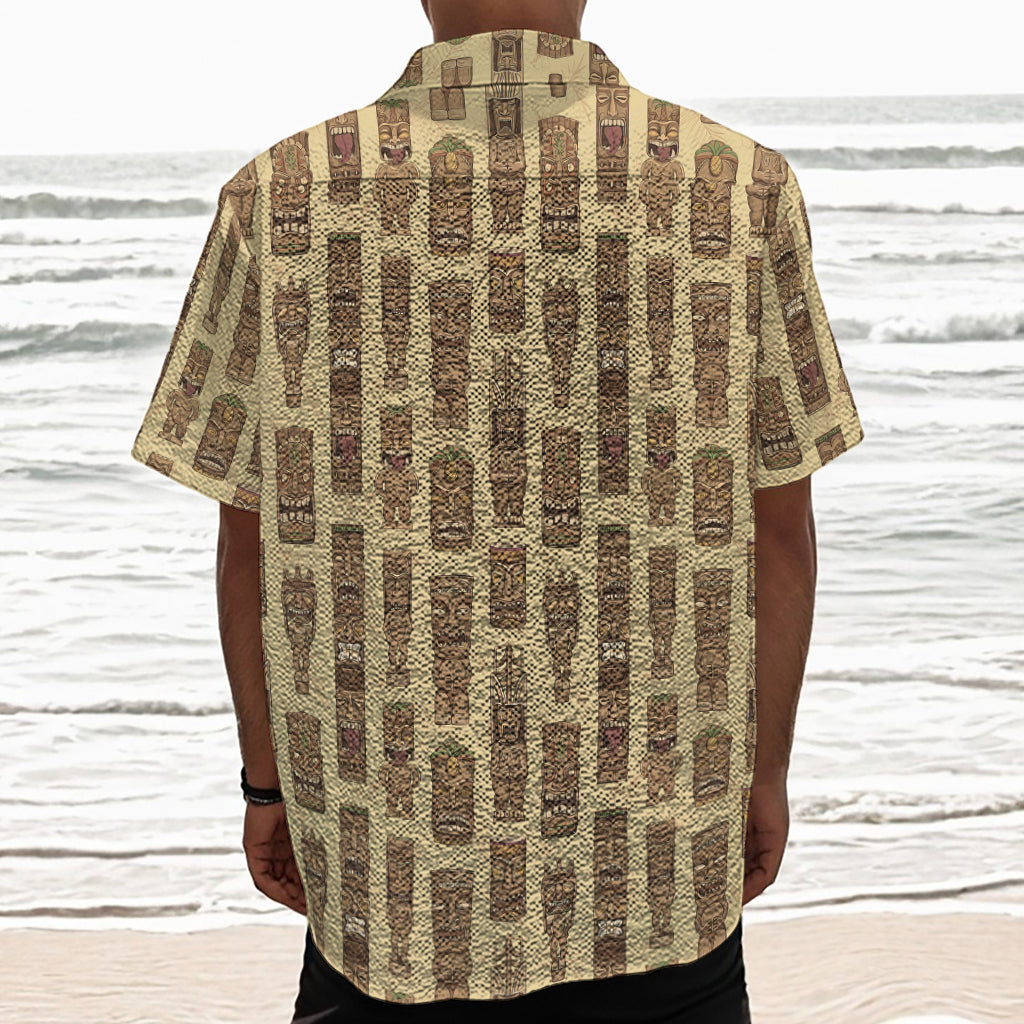 Wooden Tiki Pattern Print Textured Short Sleeve Shirt