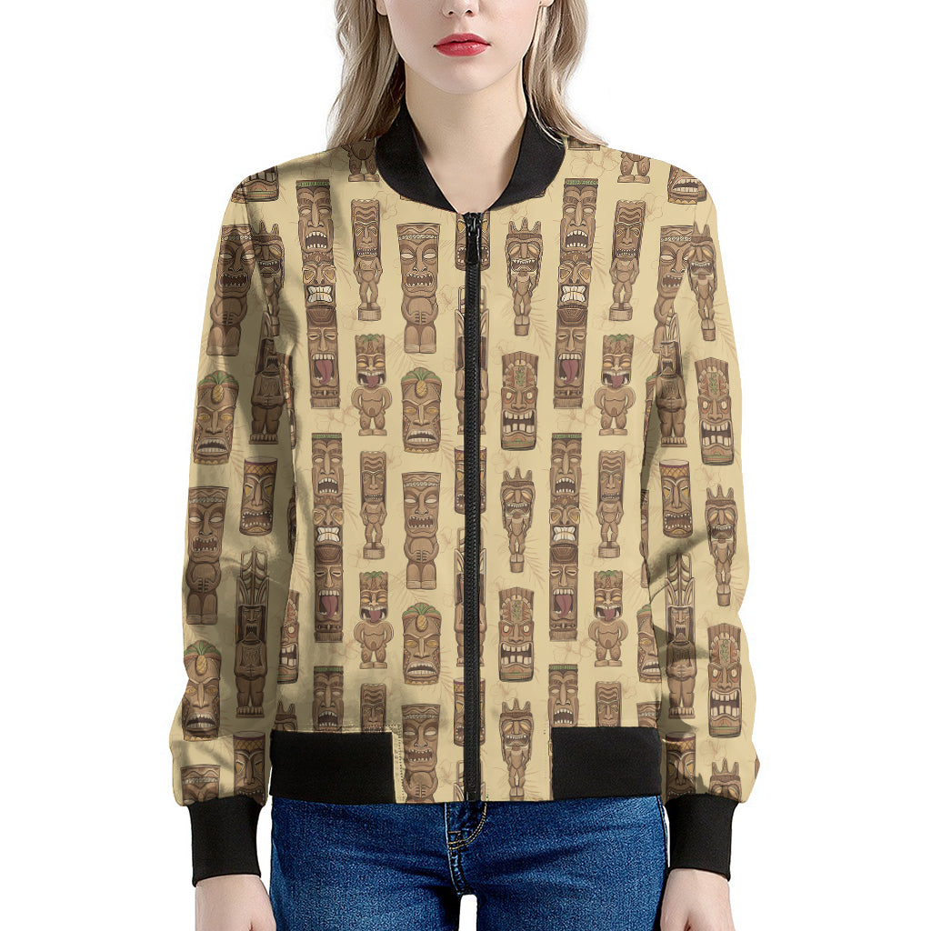 Wooden Tiki Pattern Print Women's Bomber Jacket