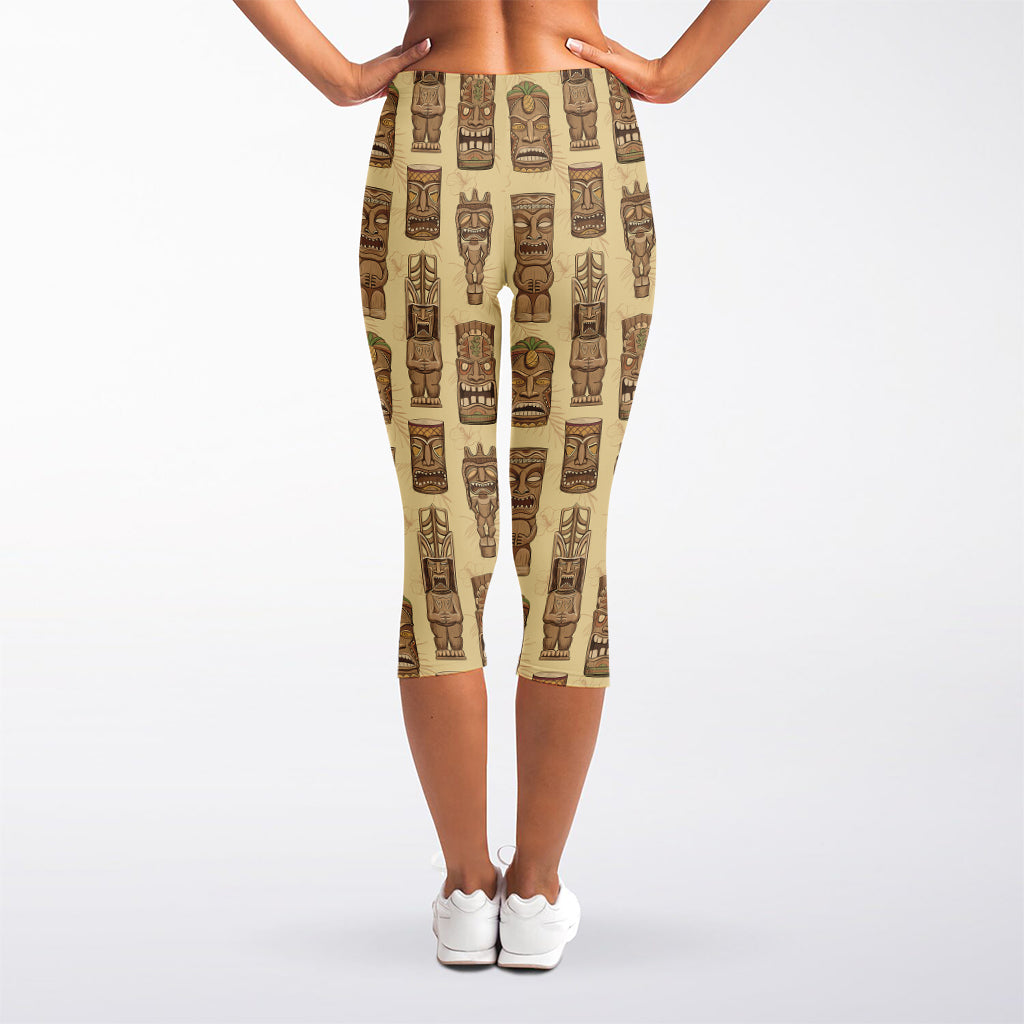 Wooden Tiki Pattern Print Women's Capri Leggings