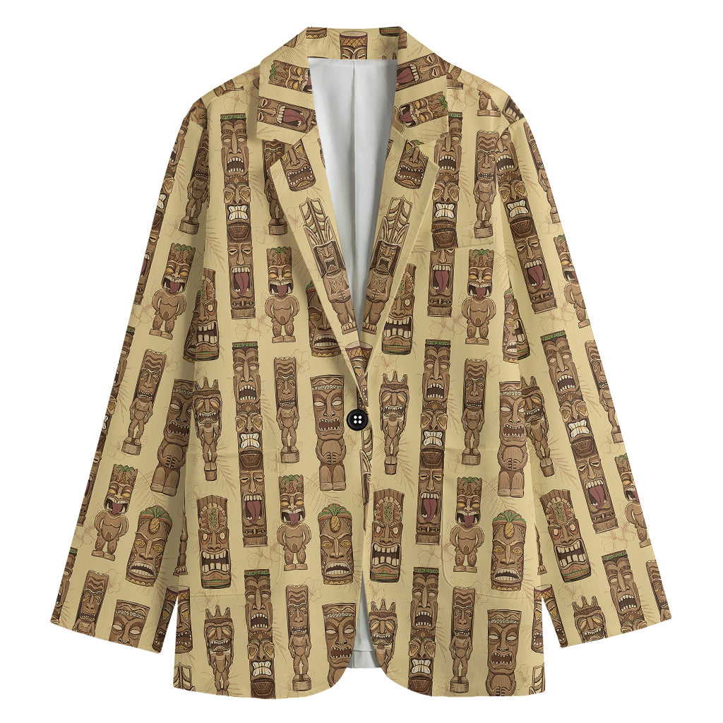 Wooden Tiki Pattern Print Women's Cotton Blazer