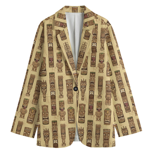 Wooden Tiki Pattern Print Women's Cotton Blazer