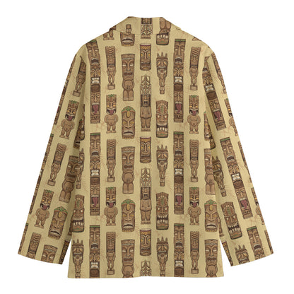 Wooden Tiki Pattern Print Women's Cotton Blazer