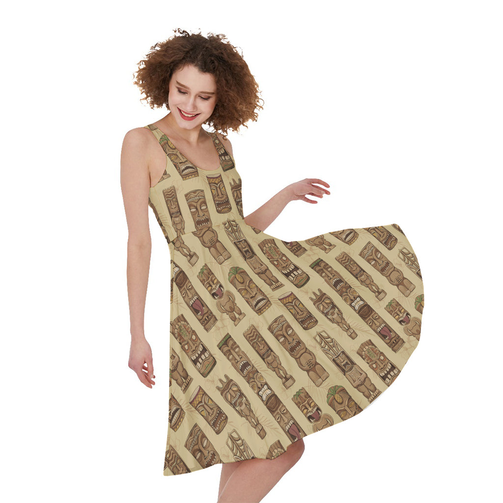 Wooden Tiki Pattern Print Women's Sleeveless Dress