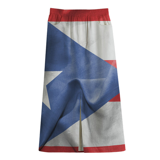 Wrinkled Puerto Rican Flag Print Cotton Front Slit Maxi Skirt