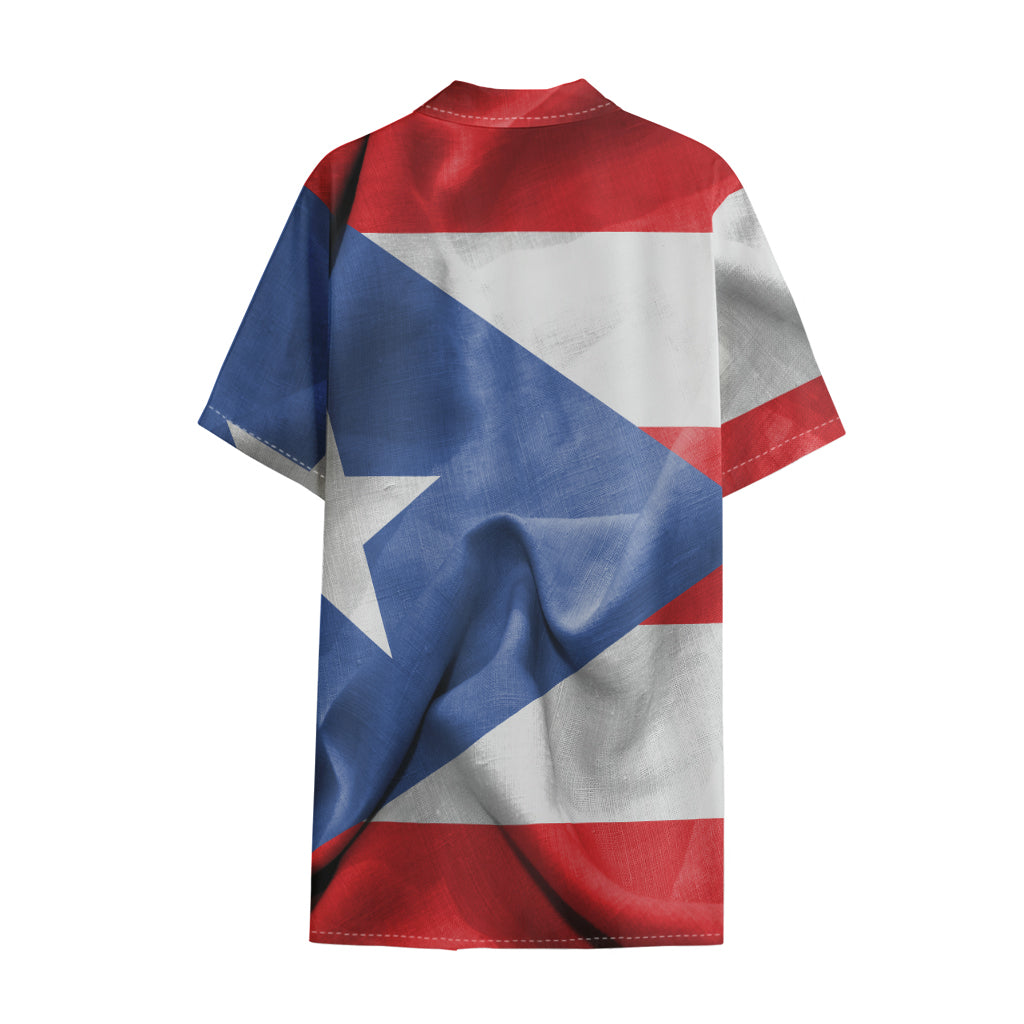 Wrinkled Puerto Rican Flag Print Cotton Hawaiian Shirt