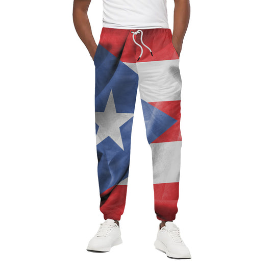 Wrinkled Puerto Rican Flag Print Cotton Pants