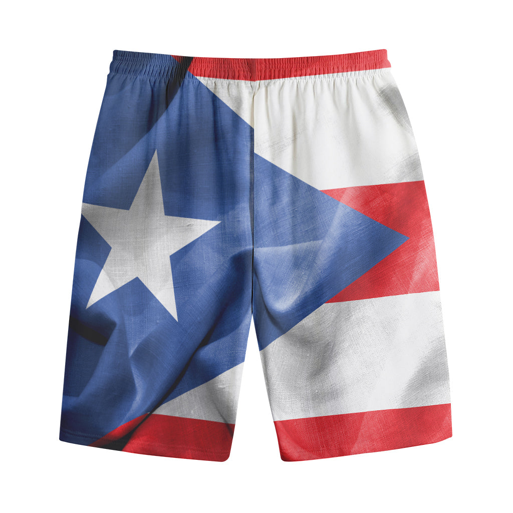 Wrinkled Puerto Rican Flag Print Cotton Shorts
