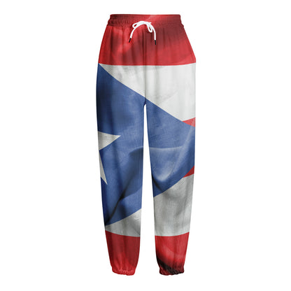 Wrinkled Puerto Rican Flag Print Fleece Lined Knit Pants