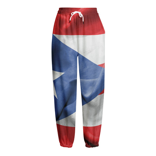 Wrinkled Puerto Rican Flag Print Fleece Lined Knit Pants