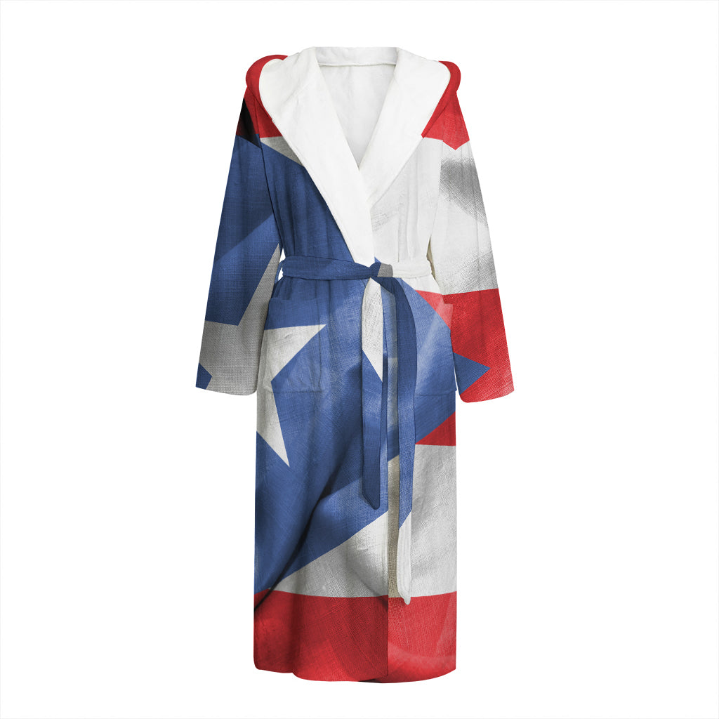 Wrinkled Puerto Rican Flag Print Hooded Bathrobe