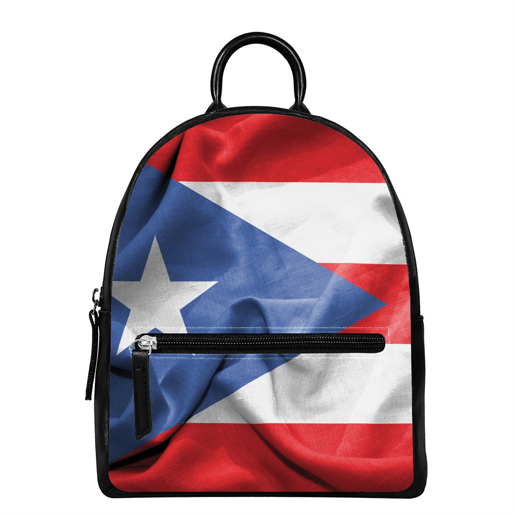 Wrinkled Puerto Rican Flag Print Leather Backpack