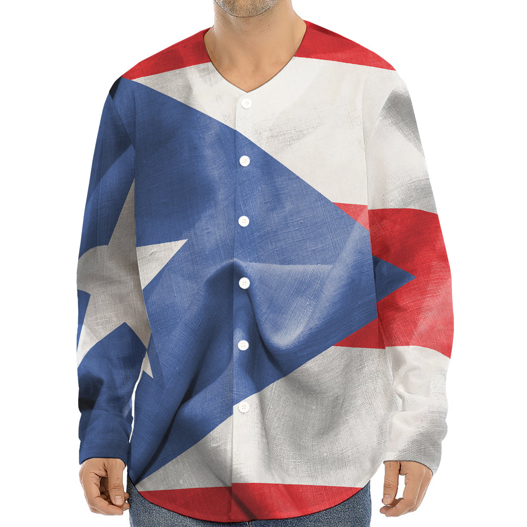 Wrinkled Puerto Rican Flag Print Long Sleeve Baseball Jersey