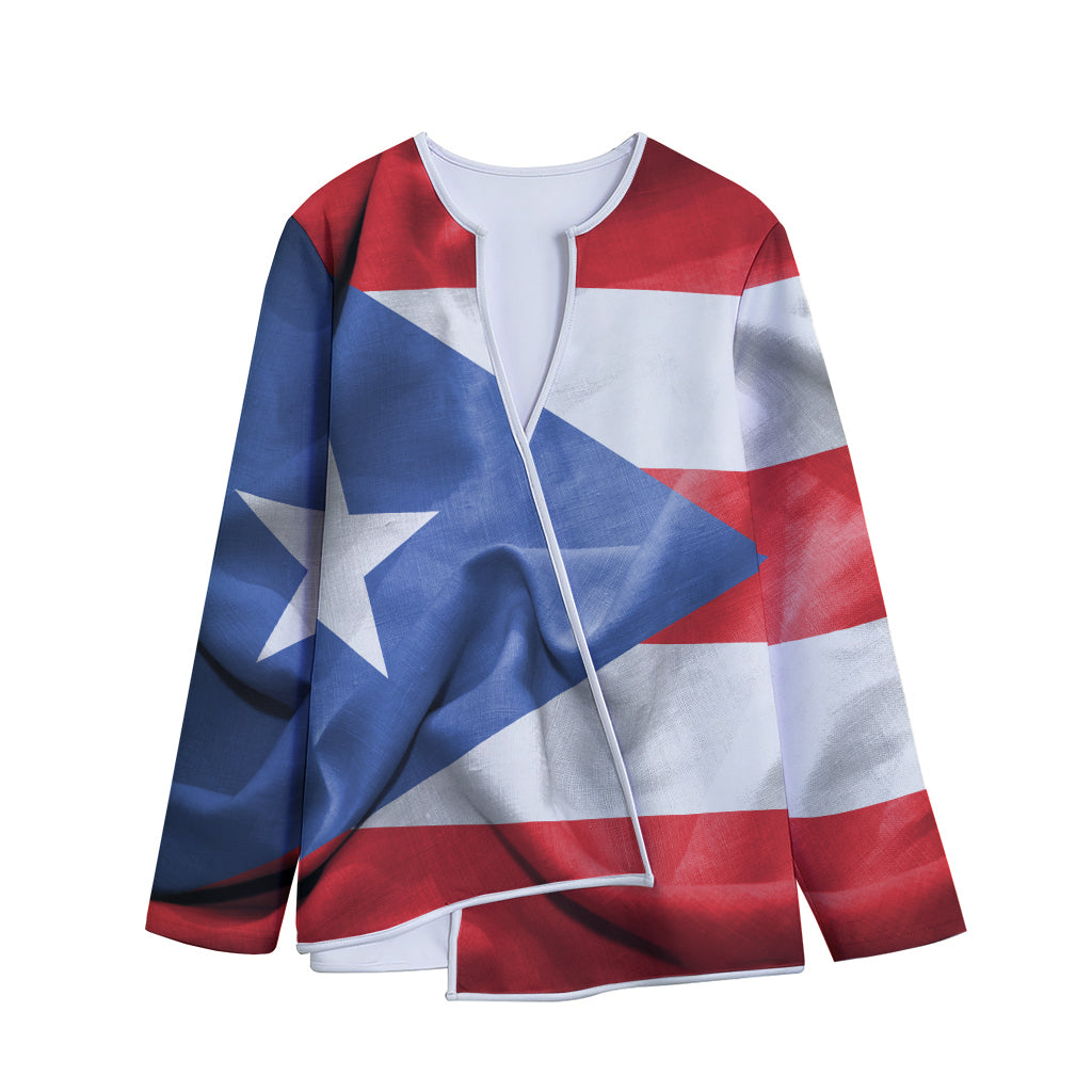Wrinkled Puerto Rican Flag Print Long Sleeve Short Coat