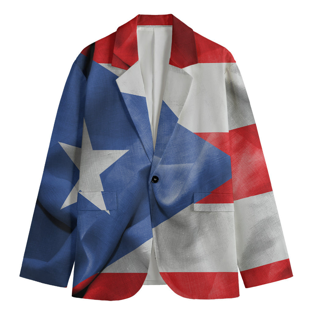Wrinkled Puerto Rican Flag Print Men's Cotton Blazer
