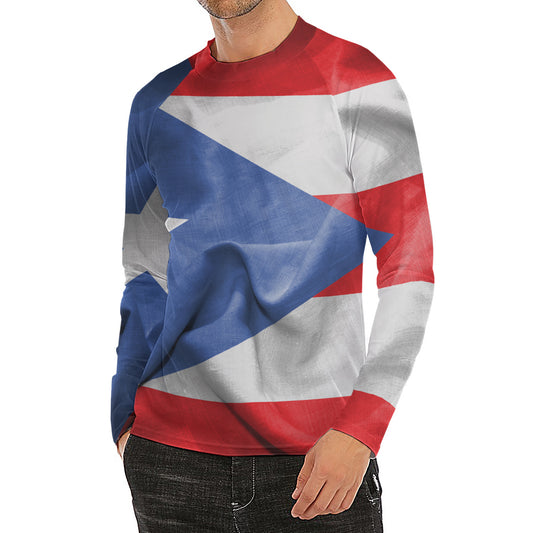 Wrinkled Puerto Rican Flag Print Men's Long Sleeve Rash Guard