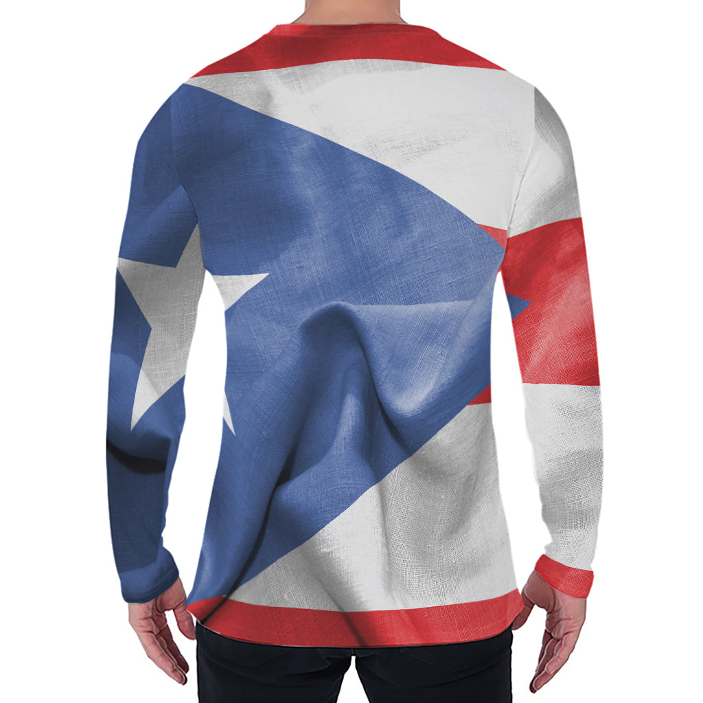 Wrinkled Puerto Rican Flag Print Men's Long Sleeve T-Shirt