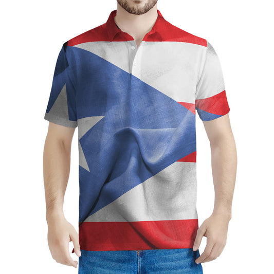 Wrinkled Puerto Rican Flag Print Men's Polo Shirt
