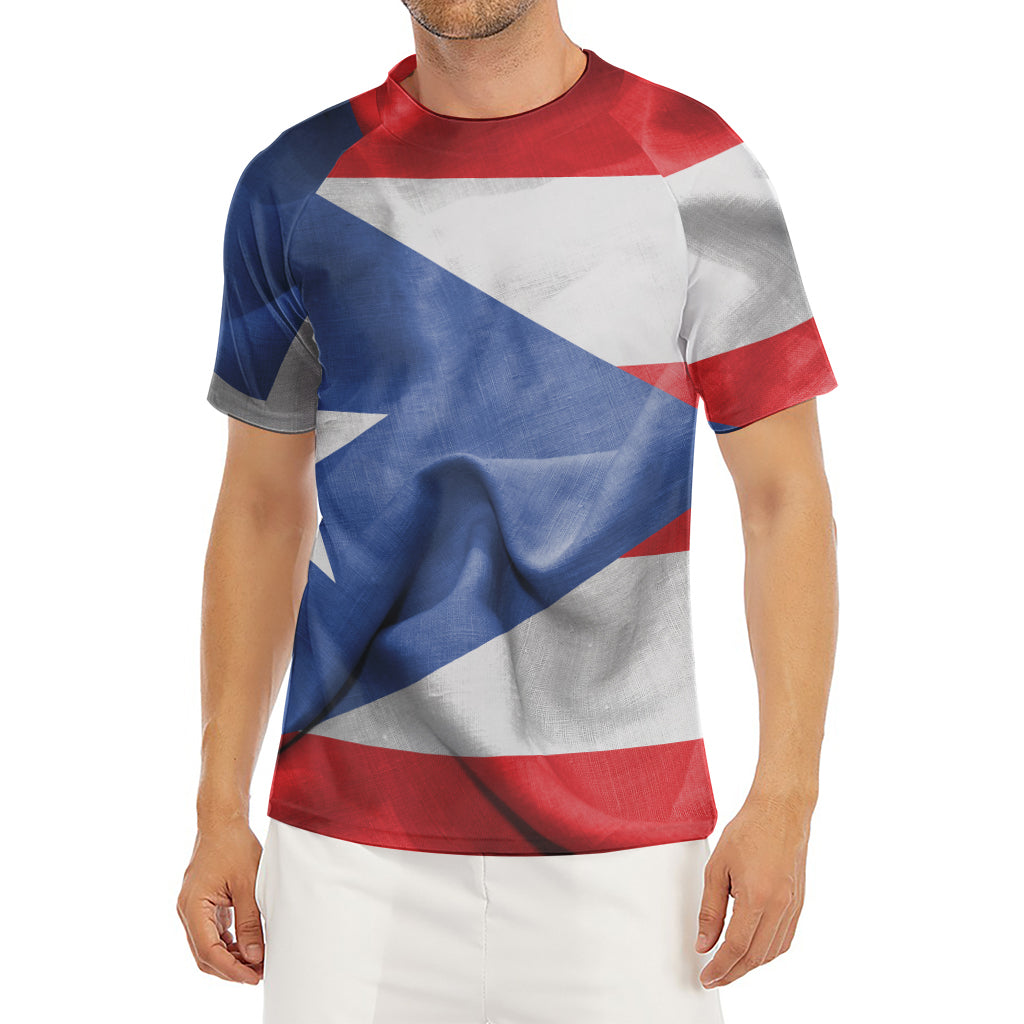 Wrinkled Puerto Rican Flag Print Men's Short Sleeve Rash Guard