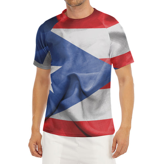 Wrinkled Puerto Rican Flag Print Men's Short Sleeve Rash Guard