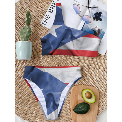 Wrinkled Puerto Rican Flag Print One Shoulder Bikini Top