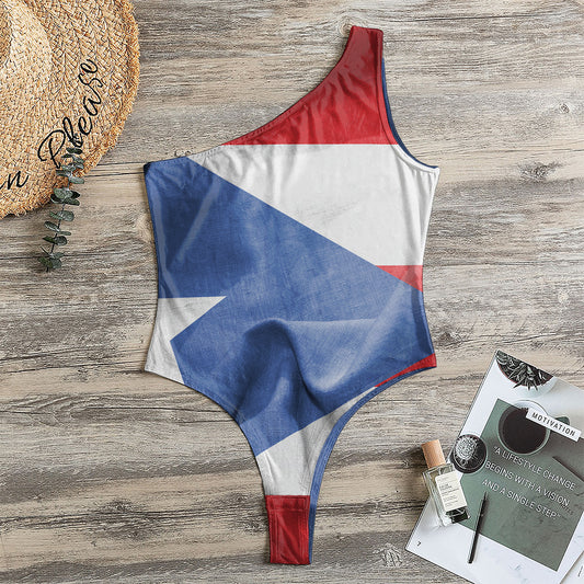 Wrinkled Puerto Rican Flag Print One Shoulder Bodysuit