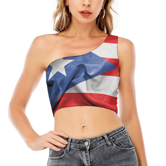 Wrinkled Puerto Rican Flag Print One Shoulder Crop Top