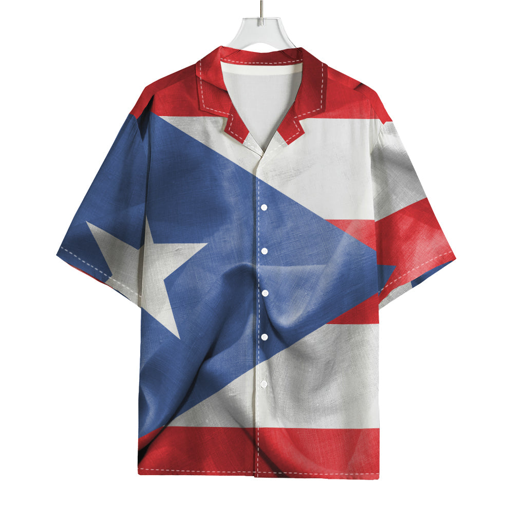 Wrinkled Puerto Rican Flag Print Rayon Hawaiian Shirt