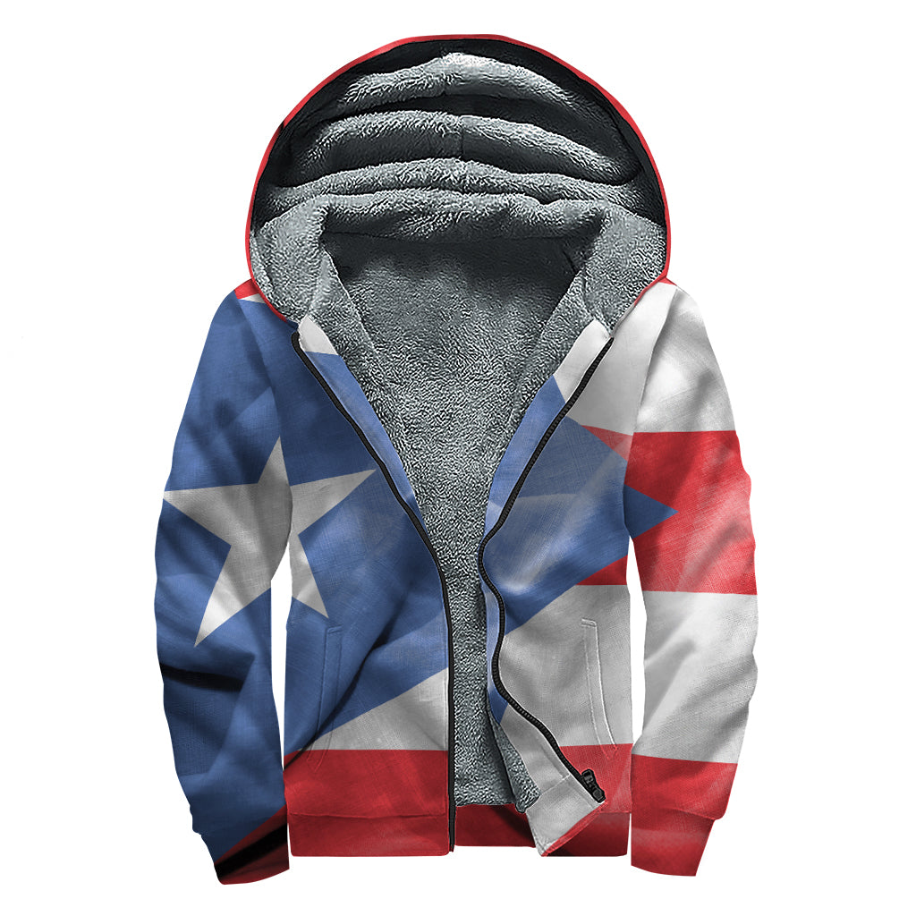Wrinkled Puerto Rican Flag Print Sherpa Lined Zip Up Hoodie
