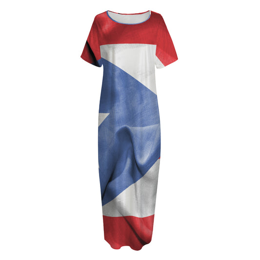Wrinkled Puerto Rican Flag Print Short Sleeve Long Nightdress