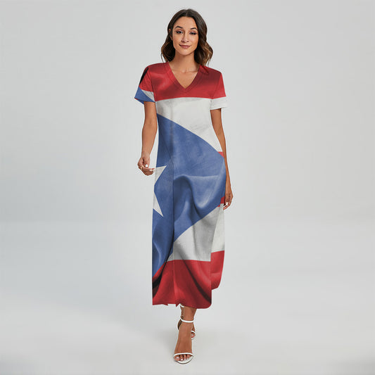 Wrinkled Puerto Rican Flag Print Short Sleeve Maxi Dress