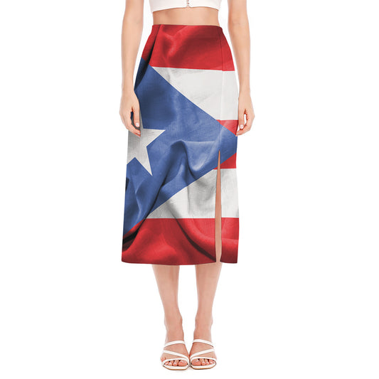 Wrinkled Puerto Rican Flag Print Side Slit Midi Skirt