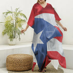 Wrinkled Puerto Rican Flag Print Silk V-Neck Kaftan Dress