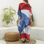 Wrinkled Puerto Rican Flag Print Silk V-Neck Kaftan Dress
