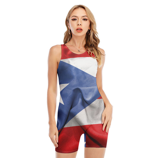 Wrinkled Puerto Rican Flag Print Sleeveless One Piece Swimsuit